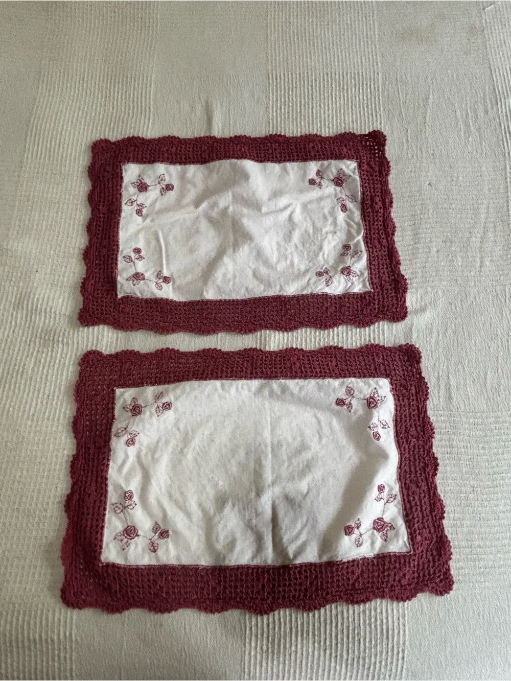 Vintage Handmade Crochet-Edge Placemat Set with Burgundy Embroidery